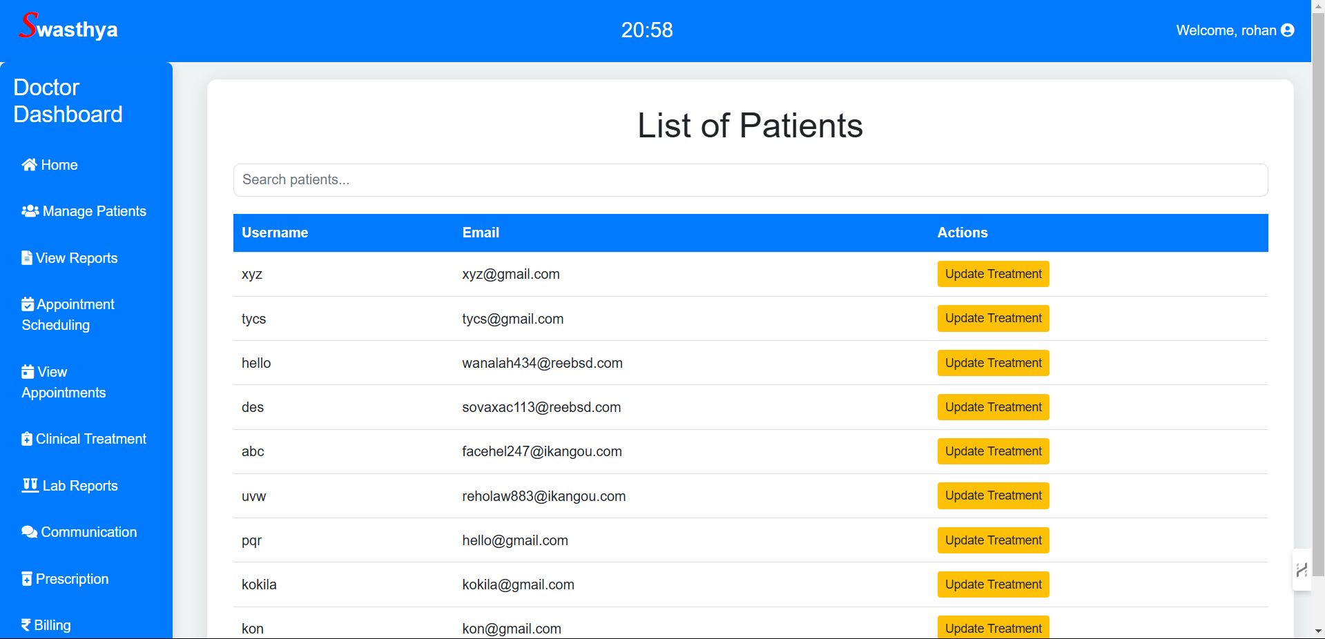 Swasthya Hospital Management System Dashboard Screenshot